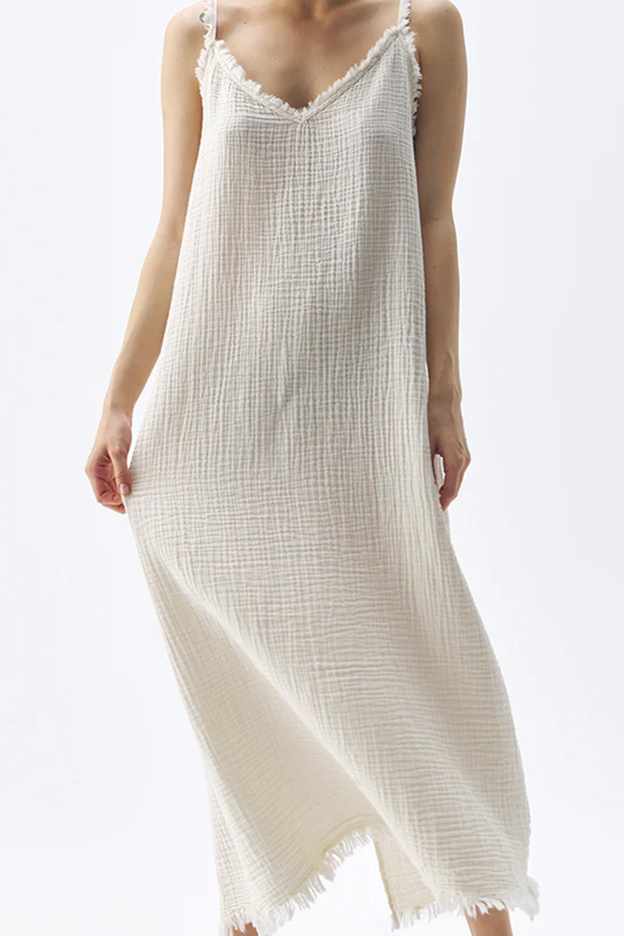 Crinkle Cream Cotton Strappy Dress